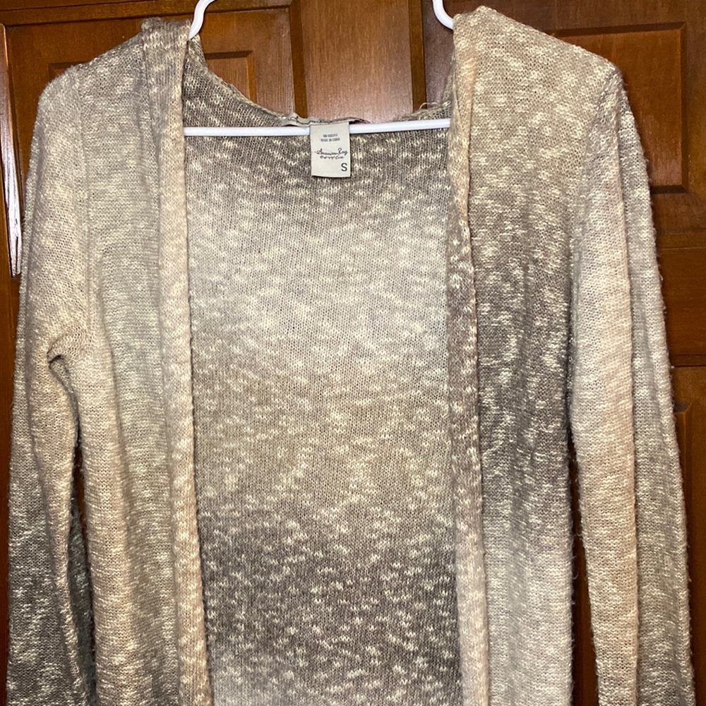 American Rag Neutral Ombré Long Boho Sweater with Hood and Fringe — Small